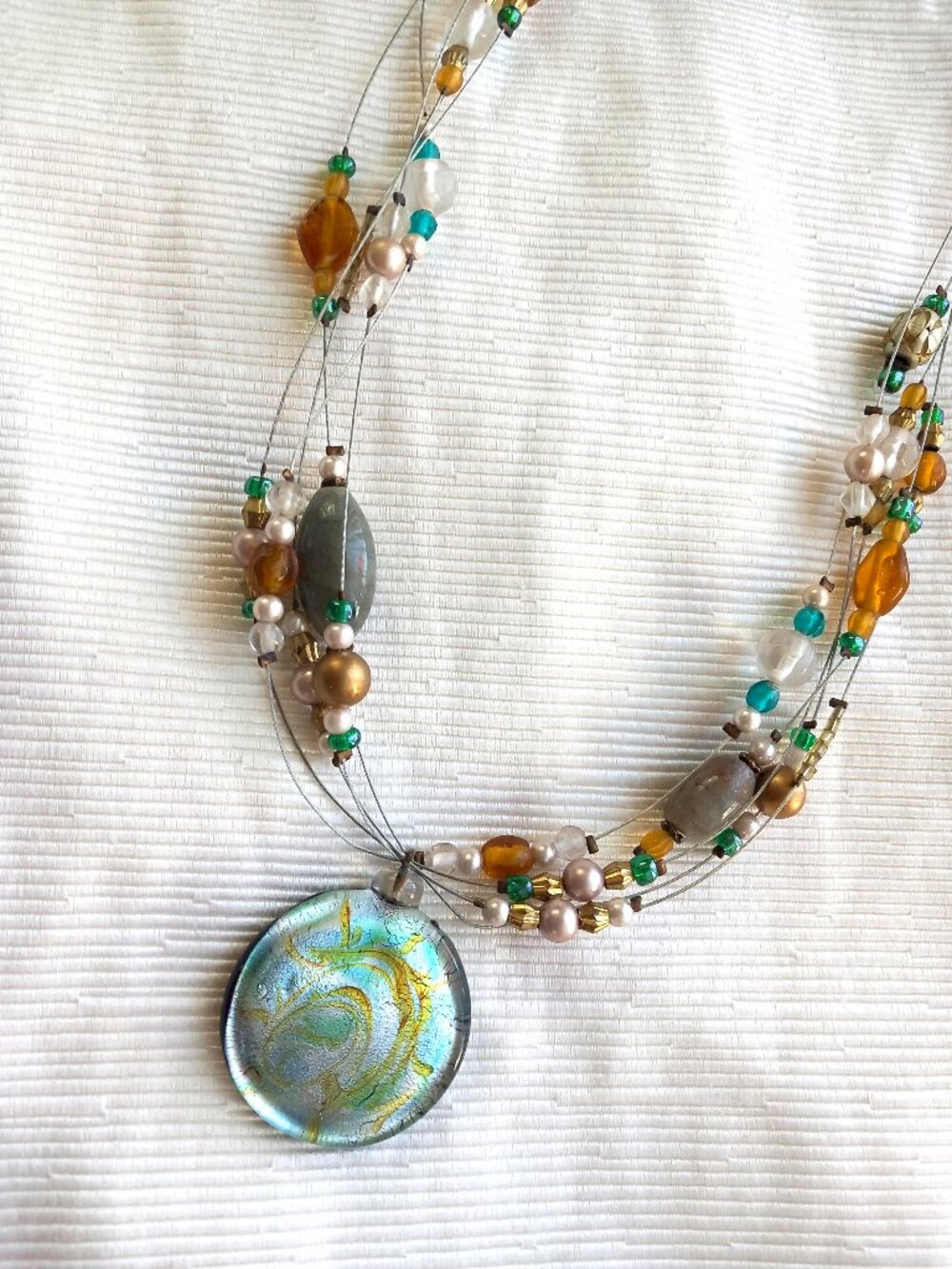 Glass Pendant with Glass Beads & Wire Necklace
